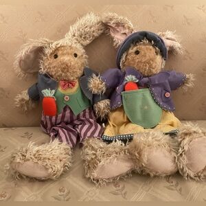 Plush Easter Bunny Pair in Purple and Green Outfits